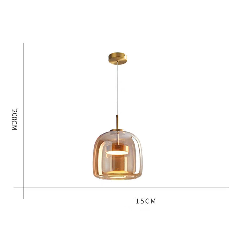 Italian-style glass chandelier with copper accents, minimalist design, dimensions 200cm height and 15cm width.