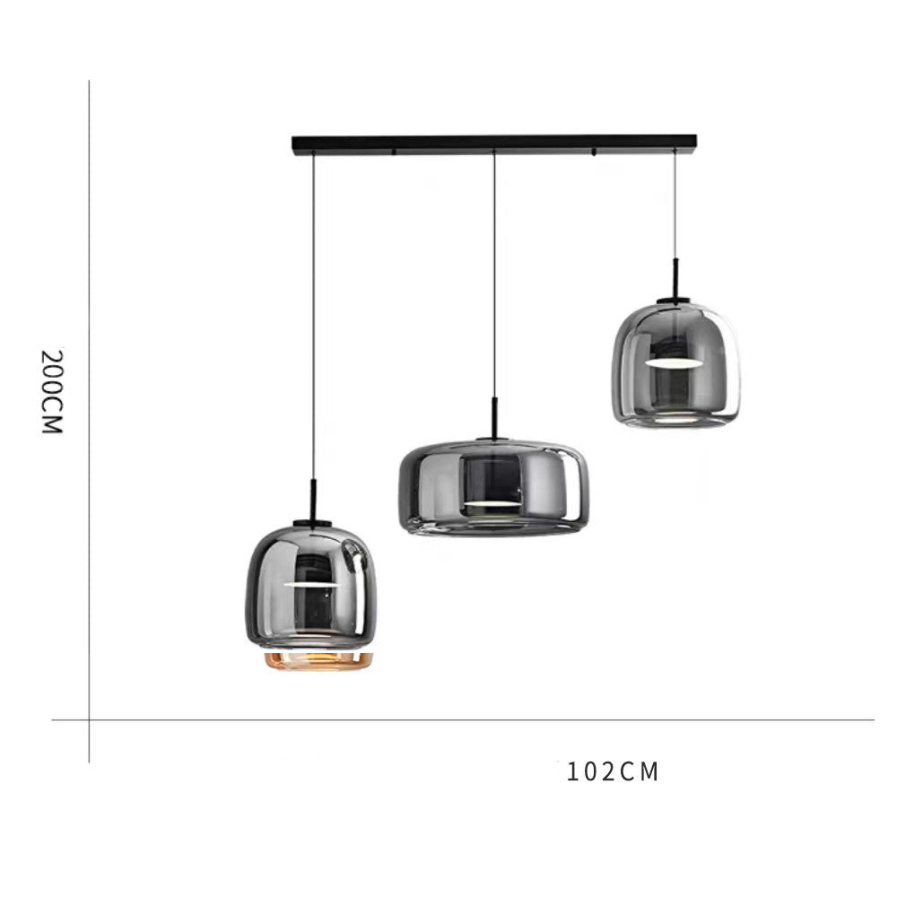 Italian-style all-copper minimalist chandelier with glass shades, featuring three hanging lights in modern design.