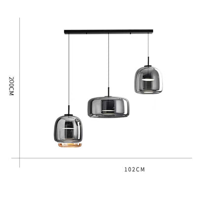 Italian-style all-copper minimalist chandelier with glass shades, featuring three hanging lights in modern design.