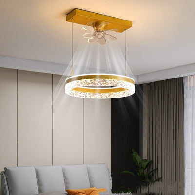 Scandinavian luxury ceiling fan light with acrylic lampshade and gold finish, ideal for modern home decor in living spaces.