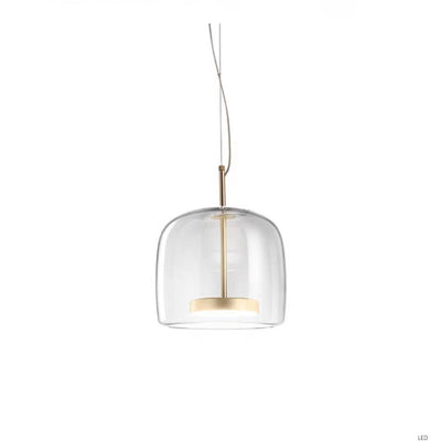 Minimalist glass chandelier with gold accents, perfect for modern bedroom decor.