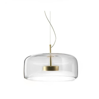 Minimalist glass chandelier with a sleek gold accent, perfect for modern bedroom decor.