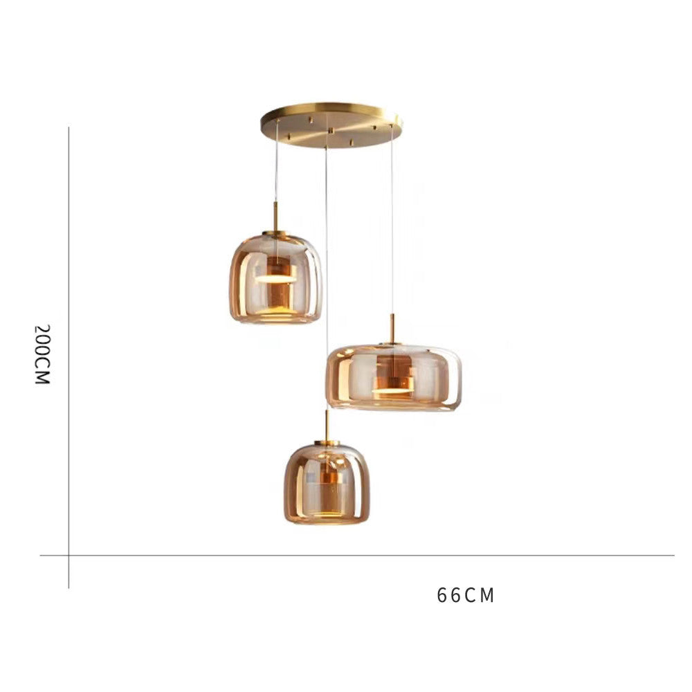 Italian-style all-copper minimalist glass chandelier in three pendant design, dimensions 200cm x 66cm.